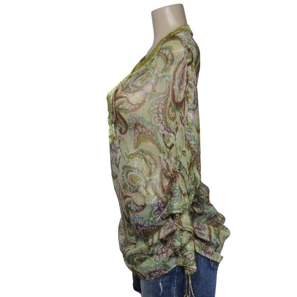 3.1 PHILLIP LIM SHEER Silk Metallic Oversize Ruched Boho Floral Glam Fairy Top 2 - Picture 4 of 9